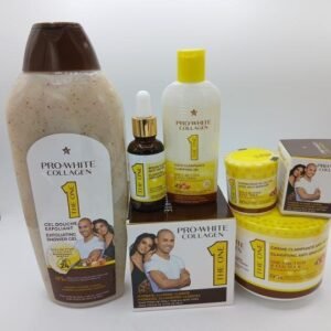 Pro White collagen Gel douche gommant,  Creme Pot, Creme visage Huile et Serum 5 pcs