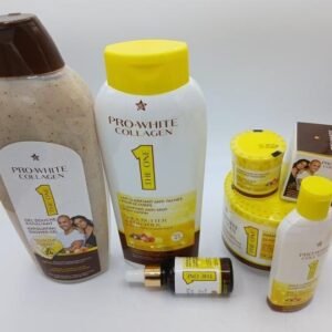 Gamme Pro White Collagen 6 Pcs Gel douche gommant, Lait, Creme Pot, Creme visage Huile et Serum