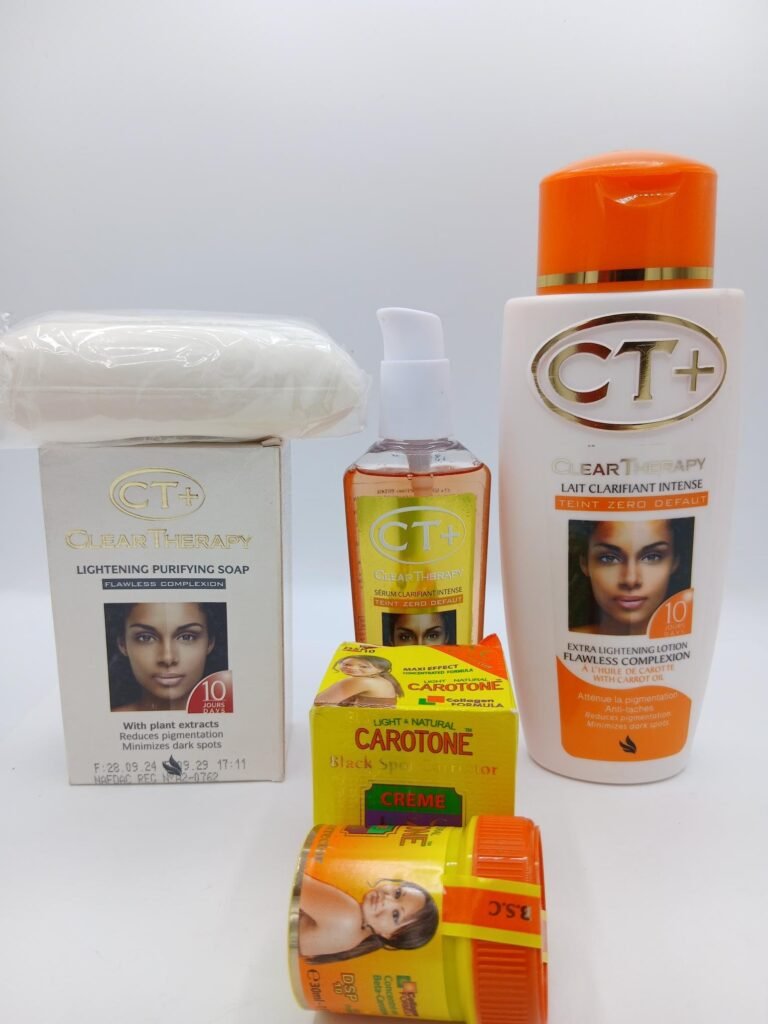 Lait C. T. plus clear therapy plus 500ml et huile à la carotte 125ml et savon ET creme visage à la carrotte