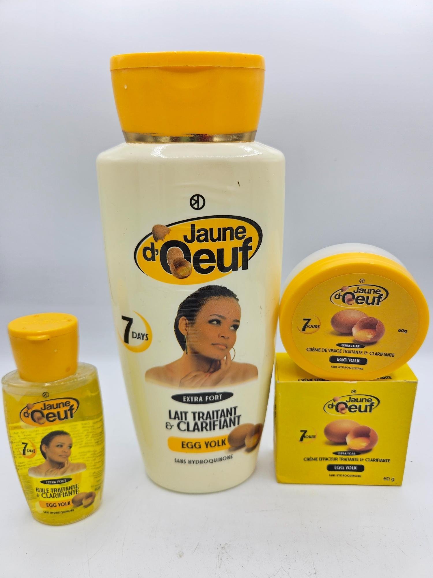 Gamme Jaune d'Oeuf Savon , Lait 4500ml , et Crème visage anti taches concentré clarifiant et efficace 3pcs