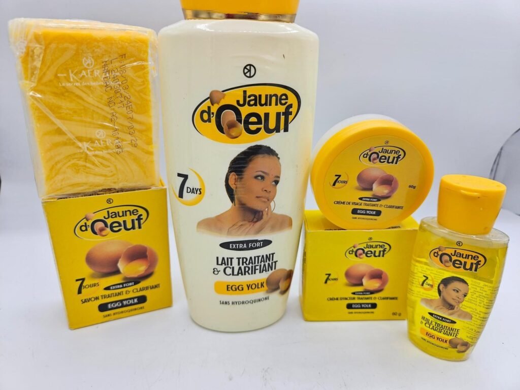 Gamme Jaune d'Oeuf Savon , Lait 4500ml ,  Crème visage Et Huile anti taches concentré clarifiant et  efficace 4pcs