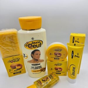 Gamme Jaune d'Oeuf Savon , Lait 4500ml , Creme tube, Crème visage Et Huile anti taches concentré clarifiant et efficace 5pcs