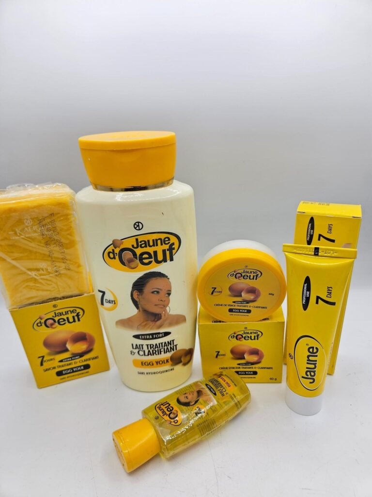 Gamme Jaune d'Oeuf Savon , Lait 4500ml , Creme tube, Crème visage Et Huile anti taches concentré clarifiant et  efficace 5pcs