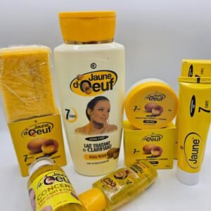Gamme Jaune d'Oeuf Savon , Lait 4500ml , Creme tube, Concentré bis, Crème visage Et Huile anti taches concentré clarifiant et efficace 6pcs