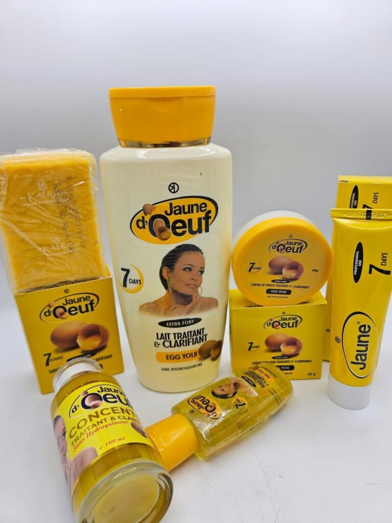 Gamme Jaune d'Oeuf Savon , Lait 4500ml , Creme tube, Concentré  bis, Crème visage Et Huile anti taches concentré clarifiant et  efficace 6pcs