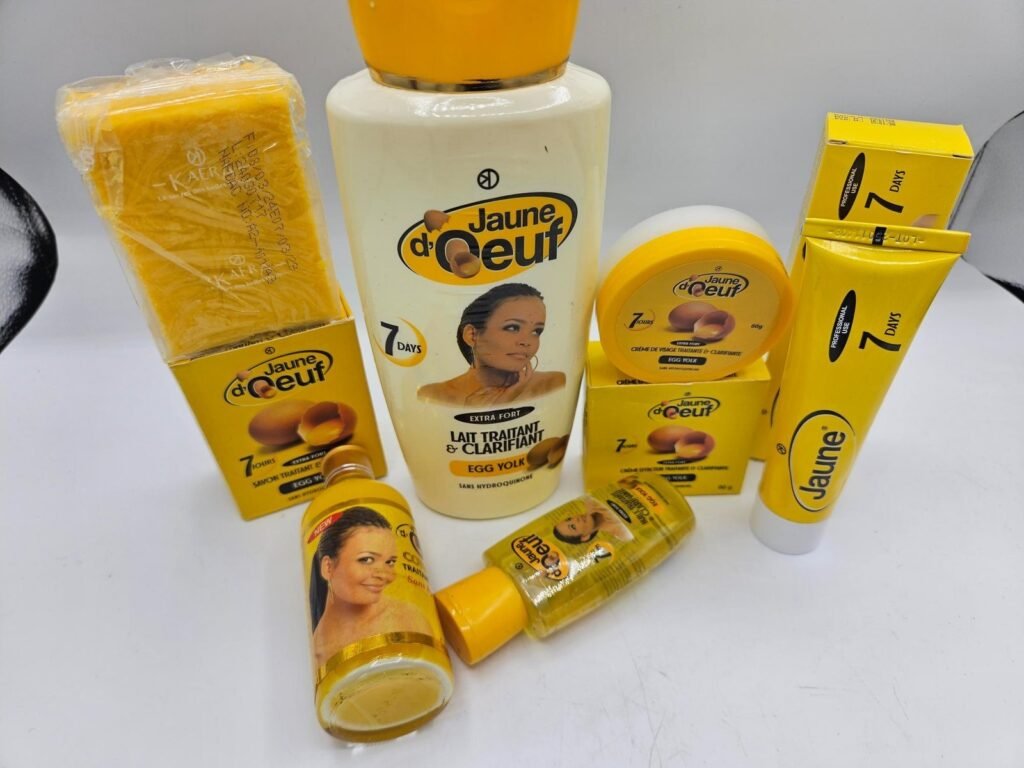 Gamme Jaune d'Oeuf Savon , Lait 4500ml , Creme tube, Concentré bis bis, Crème visage Et Huile anti taches concentré clarifiant et  efficace 6pcs
