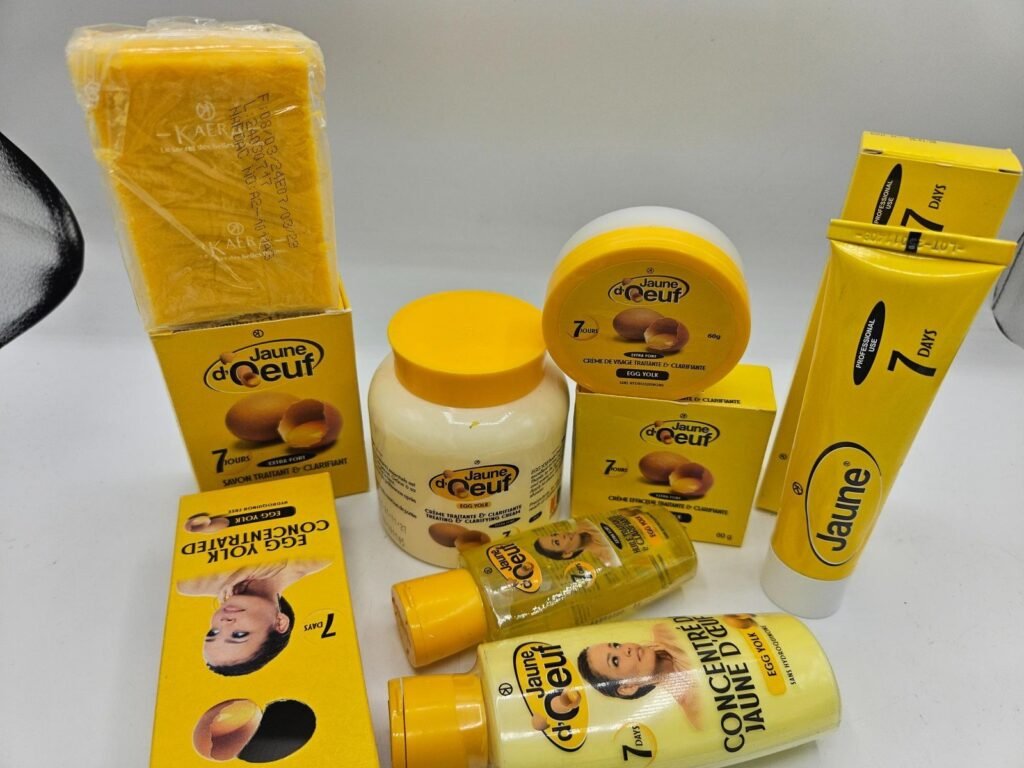 Gamme Jaune d'Oeuf Savon , creme pot 400ml , Creme tube, Concentré, Crème visage Et Huile anti taches concentré clarifiant et  efficace 6pcs