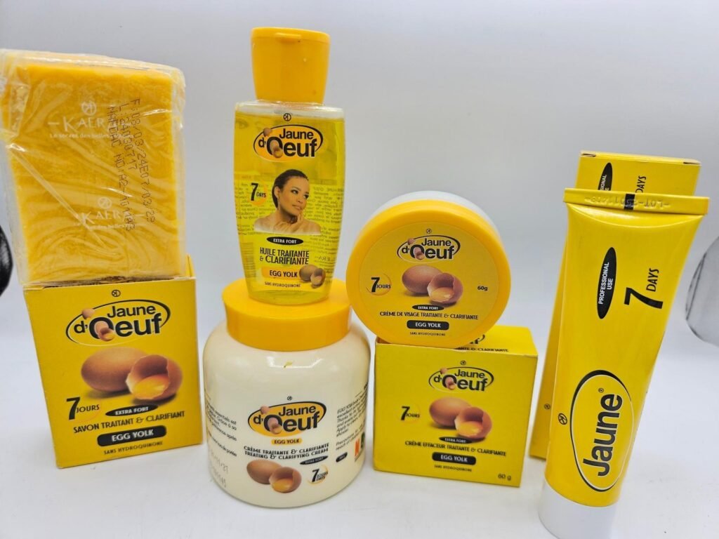 Gamme Jaune d'Oeuf Savon , creme pot 400ml , Creme tube, Crème visage Et Huile anti taches concentré clarifiant et  efficace 5pcs